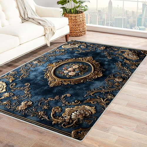 WIKEO Moderner Kuscheliger Wohnzimmer Teppich Vintage Goldener Teppich Kurzflor waschbar Weich stilvoll rutschfest pflegeleicht,für Büro Esszimmer Kinderzimmer(blau)-150x210cm von WIKEO