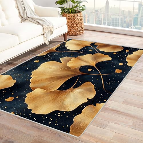 WIKEO Moderner Soft Wohnzimmer Kurzflor Teppich Abstrakte Pflanzenblätter rutschfest,Schlafzimmer, Kinderzimmer, Junge Mädchen Kinderteppich, Spielteppich(Gold 2)-90x150cm von WIKEO