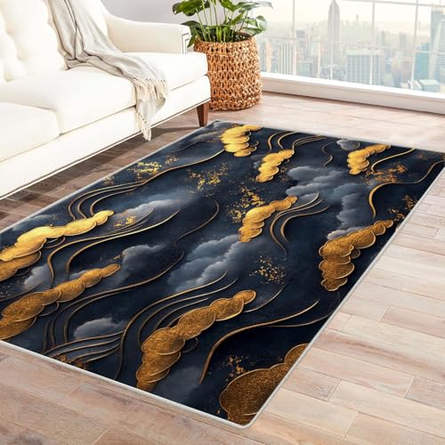 WIKEO Moderner Soft Wohnzimmer Kurzflor Teppich Gold Abstraktes Teppichmuster rutschfest,Schlafzimmer, Kinderzimmer, Junge Mädchen Kinderteppich, Spielteppich(blau)-240x300cm von WIKEO