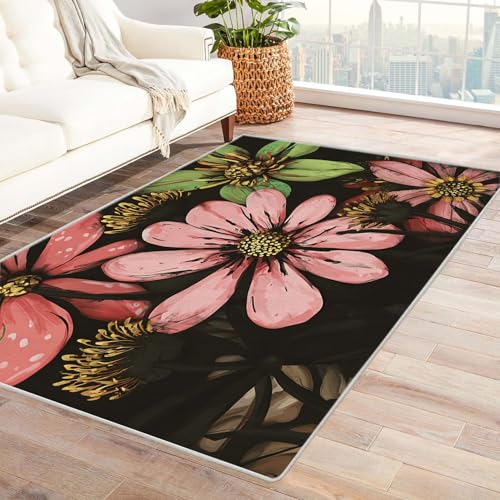 WIKEO Moderner Soft Wohnzimmer Kurzflor Teppich Natürlicher Blumenteppich Muster rutschfest,Schlafzimmer, Kinderzimmer, Junge Mädchen Kinderteppich, Spielteppich(rosa)-60x90cm von WIKEO