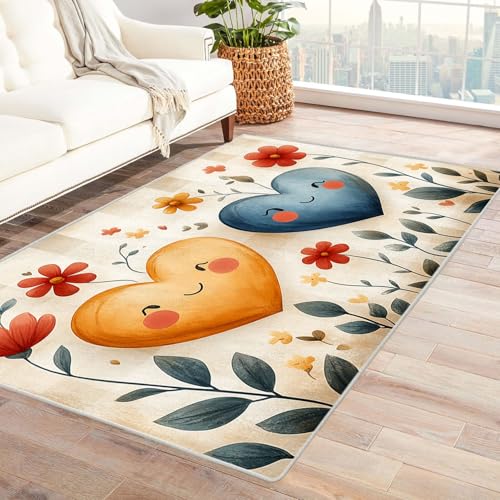 WIKEO Moderner Soft Wohnzimmer Kurzflor Teppich Niedliches Blumenmädchen Zimmer rutschfest,Schlafzimmer, Kinderzimmer, Junge Mädchen Kinderteppich, Spielteppich(beige)-210x270cm von WIKEO