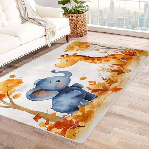 WIKEO Moderner Soft Wohnzimmer Kurzflor Teppich Niedliches Tier Elefant Kinder rutschfest,Schlafzimmer, Kinderzimmer, Junge Mädchen Kinderteppich, Spielteppich(Gelb)-60x90cm von WIKEO