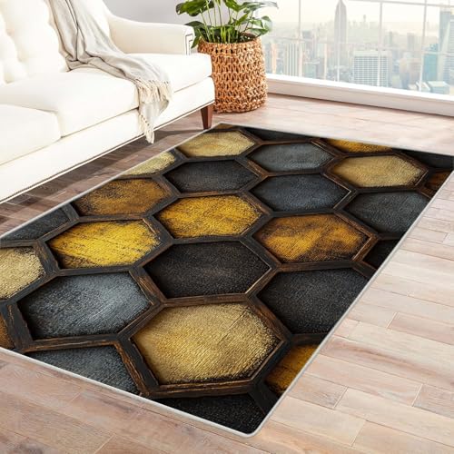WIKEO Moderner Soft Wohnzimmer Kurzflor Teppich Retro Geometrisches Muster rutschfest,Schlafzimmer, Kinderzimmer, Junge Mädchen Kinderteppich, Spielteppich(Gelb)-180x240cm von WIKEO