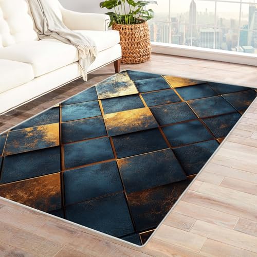 WIKEO Moderner Soft Wohnzimmer Kurzflor Teppich Retro Geometrisches Muster rutschfest,Schlafzimmer, Kinderzimmer, Junge Mädchen Kinderteppich, Spielteppich(Gold 3)-90x150cm von WIKEO