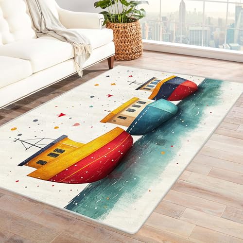 WIKEO Moderner Soft Wohnzimmer Kurzflor Teppich Retro Jungen Zimmer Strand rutschfest,Schlafzimmer, Kinderzimmer, Junge Mädchen Kinderteppich, Spielteppich(Orange)-180x240cm von WIKEO