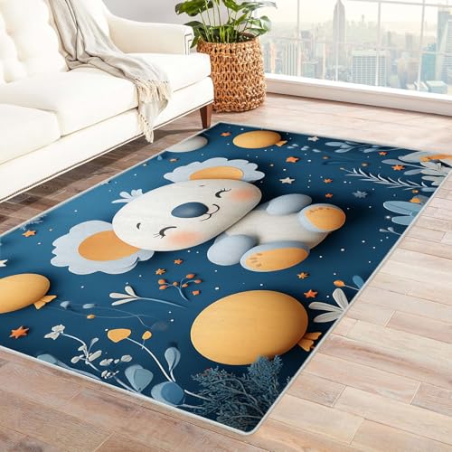 WIKEO Moderner Soft Wohnzimmer Kurzflor Teppich Wald Niedliche Tiere Blumen rutschfest,Schlafzimmer, Kinderzimmer, Junge Mädchen Kinderteppich, Spielteppich(blau)-150x180cm von WIKEO