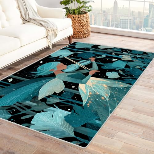 WIKEO Moderner Soft Wohnzimmer Kurzflor Teppich Waldmädchen Musikteppich rutschfest,Schlafzimmer, Kinderzimmer, Junge Mädchen Kinderteppich, Spielteppich(blau)-120x180cm von WIKEO