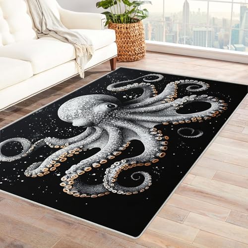 WIKEO Moderner Soft Wohnzimmer Strand Kurzflor Teppich Abstraktes Muster von Meerestieren rutschfest,Schlafzimmer, Kinderzimmer, Junge Mädchen Kinderteppich, Spielteppich(Orange 88)-240x300cm von WIKEO