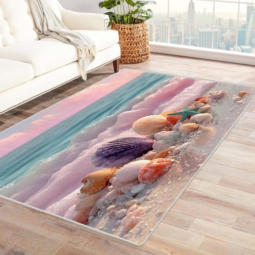 WIKEO Moderner Soft Wohnzimmer Strand Kurzflor Teppich Blau Pink Strandmuscheln rutschfest,Schlafzimmer, Kinderzimmer, Junge Mädchen Kinderteppich, Spielteppich(Rosa-75)-240x300cm von WIKEO