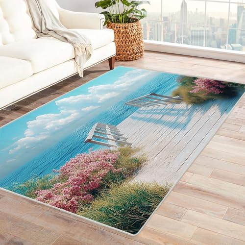 WIKEO Moderner Soft Wohnzimmer Strand Kurzflor Teppich Blaue Meeresblumen Teppich Muster rutschfest,Schlafzimmer, Kinderzimmer, Junge Mädchen Kinderteppich, Spielteppich(blau)-150x180cm von WIKEO