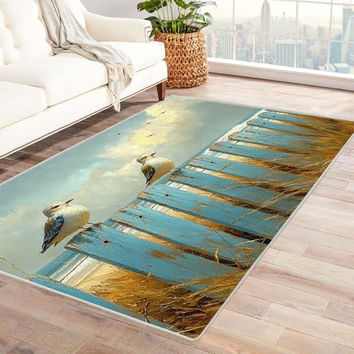 WIKEO Moderner Soft Wohnzimmer Strand Kurzflor Teppich Graffiti Strandszene Teppich rutschfest,Schlafzimmer, Kinderzimmer, Junge Mädchen Kinderteppich, Spielteppich(blau)-150x180cm von WIKEO