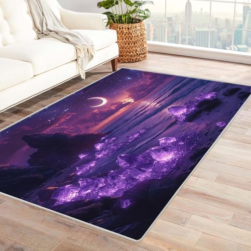 WIKEO Moderner Soft Wohnzimmer Strand Kurzflor Teppich Nacht Strand Szenerie Bild rutschfest,Schlafzimmer, Kinderzimmer, Junge Mädchen Kinderteppich, Spielteppich(Lila 61)-150x240cm von WIKEO