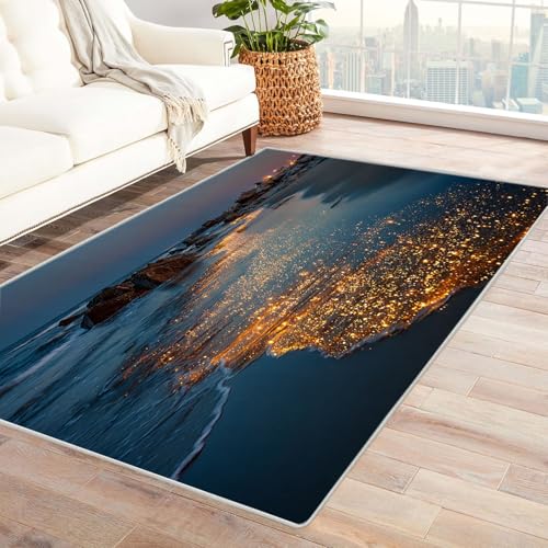 WIKEO Moderner Soft Wohnzimmer Strand Kurzflor Teppich Nachtstrand Szenerie Muster rutschfest,Schlafzimmer, Kinderzimmer, Junge Mädchen Kinderteppich, Spielteppich(Blau-39)-90x150cm von WIKEO
