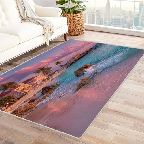 WIKEO Moderner Soft Wohnzimmer Strand Kurzflor Teppich Natürliche Strandbaumlandschaft rutschfest,Schlafzimmer, Kinderzimmer, Junge Mädchen Kinderteppich, Spielteppich(Rosa-3)-180x240cm von WIKEO