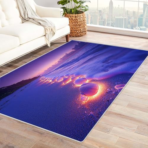 WIKEO Moderner Soft Wohnzimmer Strand Kurzflor Teppich Night Beach Muscheln rutschfest,Schlafzimmer, Kinderzimmer, Junge Mädchen Kinderteppich, Spielteppich(lila)-90x120cm von WIKEO