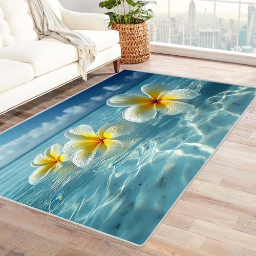 WIKEO Moderner Soft Wohnzimmer Strand Kurzflor Teppich Ozean Blumen Muscheln Muster rutschfest,Schlafzimmer, Kinderzimmer, Junge Mädchen Kinderteppich, Spielteppich(Gelb 7)-150x210cm von WIKEO