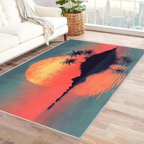WIKEO Moderner Soft Wohnzimmer Strand Kurzflor Teppich Strand Natürliche Landschaft Teppich rutschfest,Schlafzimmer, Kinderzimmer, Junge Mädchen Kinderteppich, Spielteppich(Orange 25)-90x150cm von WIKEO