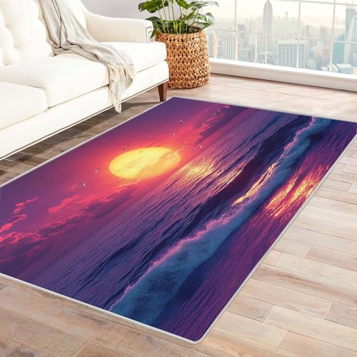 WIKEO Moderner Soft Wohnzimmer Strand Kurzflor Teppich Strand Natürliche Landschaft Teppich rutschfest,Schlafzimmer, Kinderzimmer, Junge Mädchen Kinderteppich, Spielteppich(Rot 70)-210x270cm von WIKEO