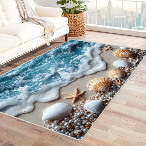 WIKEO Moderner Soft Wohnzimmer Strand Kurzflor Teppich Strand Niedlicher Muschelteppich rutschfest,Schlafzimmer, Kinderzimmer, Junge Mädchen Kinderteppich, Spielteppich(Beige 97)-180x240cm von WIKEO