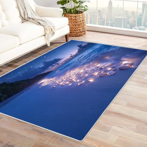 WIKEO Moderner Soft Wohnzimmer Strand Kurzflor Teppich Strandlandschaft bei Nacht rutschfest,Schlafzimmer, Kinderzimmer, Junge Mädchen Kinderteppich, Spielteppich(blau)-60x90cm von WIKEO