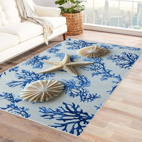 WIKEO Moderner Soft Wohnzimmer Strand Kurzflor Teppich Strandpflanzen Niedliche Muscheln rutschfest,Schlafzimmer, Kinderzimmer, Junge Mädchen Kinderteppich, Spielteppich(blau)-90x120cm von WIKEO