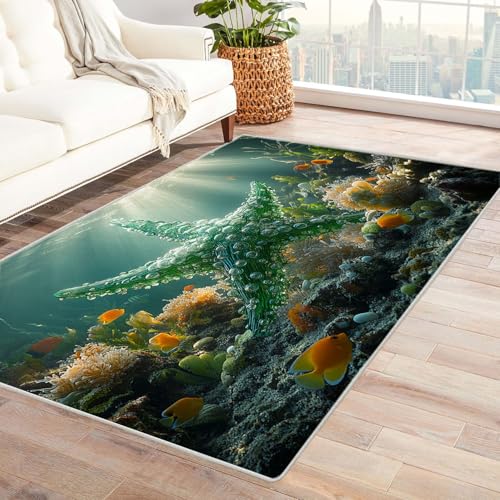WIKEO Moderner Soft Wohnzimmer Strand Kurzflor Teppich Tiere im Meer rutschfest,Schlafzimmer, Kinderzimmer, Junge Mädchen Kinderteppich, Spielteppich(grün)-150x240cm von WIKEO