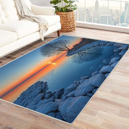 WIKEO Moderner Soft Wohnzimmer Strand Kurzflor Teppich Winterliche Naturstrandkulisse rutschfest,Schlafzimmer, Kinderzimmer, Junge Mädchen Kinderteppich, Spielteppich(blau)-150x240cm von WIKEO