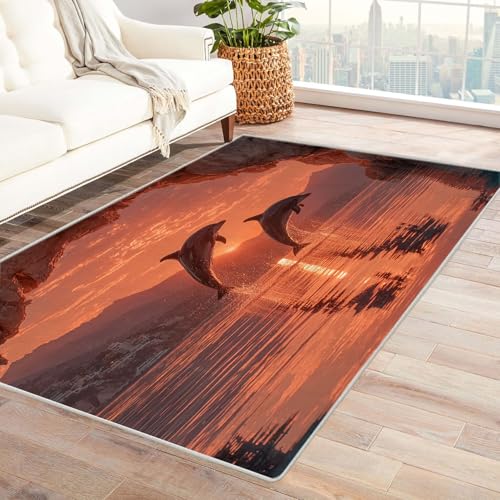 WIKEO Moderner Soft Wohnzimmer Strand Kurzflor Teppich Zwei springen am Strand rutschfest,Schlafzimmer, Kinderzimmer, Junge Mädchen Kinderteppich, Spielteppich(Rot-48)-180x270cm von WIKEO