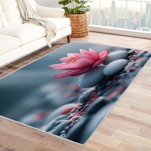 WIKEO Moderner Strand Kurzflor Teppich Beach Stone Flowers Teppich Wohnzimmer Schlafzimmer angenehm, rutschfest Teppiche Waschbar Weiche für Esszimmer Foyer(Rosa 101)-150x210cm von WIKEO