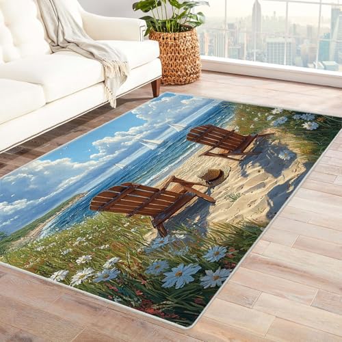 WIKEO Moderner Strand Kurzflor Teppich Freizeit Strandkörbe Teppiche ansehen Wohnzimmer Schlafzimmer angenehm, rutschfest Teppiche Waschbar Weiche für Esszimmer Foyer(grün)-150x210cm von WIKEO
