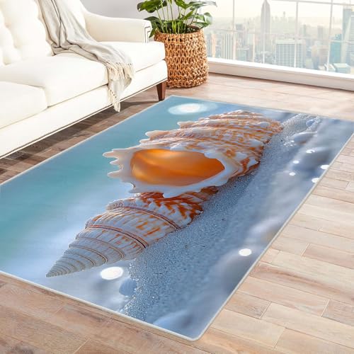 WIKEO Moderner Strand Kurzflor Teppich Strandmuscheln Landschaft Wohnzimmer Schlafzimmer angenehm, rutschfest Teppiche Waschbar Weiche für Esszimmer Foyer(Orange)-240x300cm von WIKEO