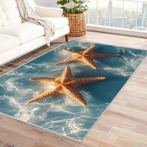 WIKEO Moderner Strand Kurzflor Teppich Wunderschöne Meeresmuscheln Wohnzimmer Schlafzimmer angenehm, rutschfest Teppiche Waschbar Weiche für Esszimmer Foyer(Orange)-240x300cm von WIKEO