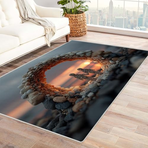 WIKEO Ozean Carpet moderner Teppich Boho Fun Cute Beach Stone Teppich fürs Wohnzimmer Schlafzimmer Kinderzimmer, Küche geeignet rutschfest pflegeleicht Büro Teppiche(Gelb-24)-240x300cm von WIKEO