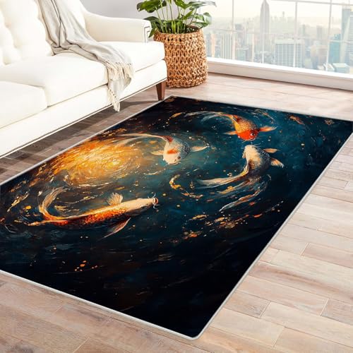 WIKEO Ozean Carpet moderner Teppich Boho Graffiti Ozean Tiere Muster fürs Wohnzimmer Schlafzimmer Kinderzimmer, Küche geeignet rutschfest pflegeleicht Büro Teppiche(Blau 94)-180x240cm von WIKEO