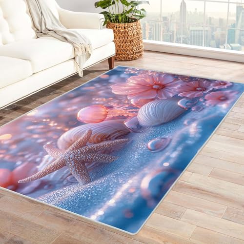 WIKEO Ozean Carpet moderner Teppich Boho Schöne Muscheln Blumen fürs Wohnzimmer Schlafzimmer Kinderzimmer, Küche geeignet rutschfest pflegeleicht Büro Teppiche(rosa)-240x300cm von WIKEO