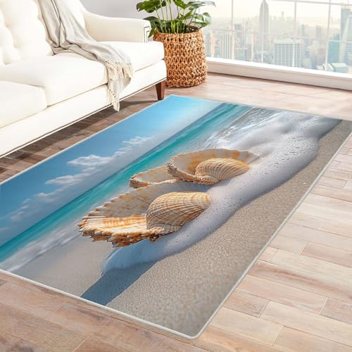 WIKEO Ozean Carpet moderner Teppich Boho Schöne Strandmuscheln fürs Wohnzimmer Schlafzimmer Kinderzimmer, Küche geeignet rutschfest pflegeleicht Büro Teppiche(Blau 4)-180x240cm von WIKEO