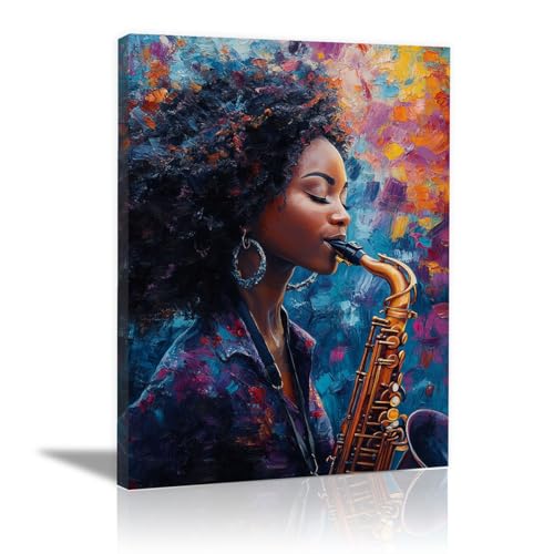 WIKEO Schwarze Frau Leinwandbilder Graffiti Schwarze Frauen Musik Moderne Wohnzimmer Poster Drucke Afrikanische Frauen für Schlafzimmer Wandkunst Dekor(blau)-60x90cm Gerahmt von WIKEO
