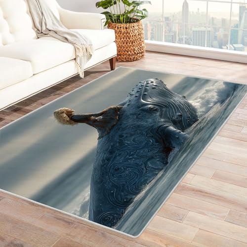 WIKEO Strand Kurzflor Teppich waschbar Abstrakter Girl Dolphin Teppich pflegeleicht und robust fürs Wohnzimmer, Schlafzimmer und Kinderzimmer Badematte angenehm weich(Blau - 45)-90x150cm von WIKEO