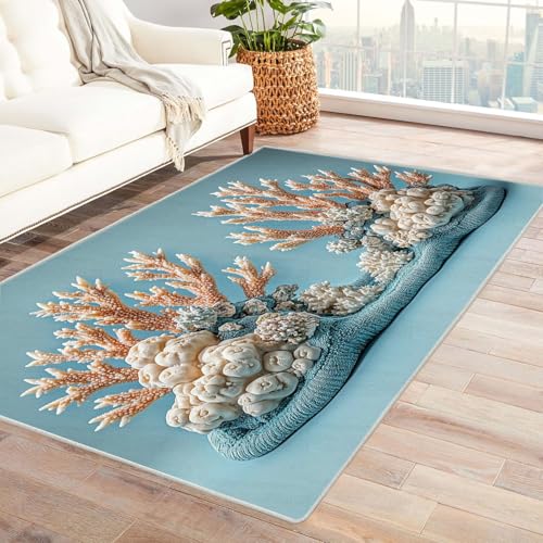 WIKEO Strand Kurzflor Teppich waschbar Abstrakter Ocean Plant Teppich pflegeleicht und robust fürs Wohnzimmer, Schlafzimmer und Kinderzimmer Badematte angenehm weich(Orange 10)-90x120cm von WIKEO