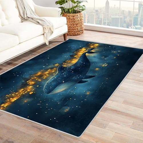 WIKEO Strand Kurzflor Teppich waschbar Abstrakter Ozean Delfinteppich pflegeleicht und robust fürs Wohnzimmer, Schlafzimmer und Kinderzimmer Badematte angenehm weich(Blau 37)-180x240cm von WIKEO