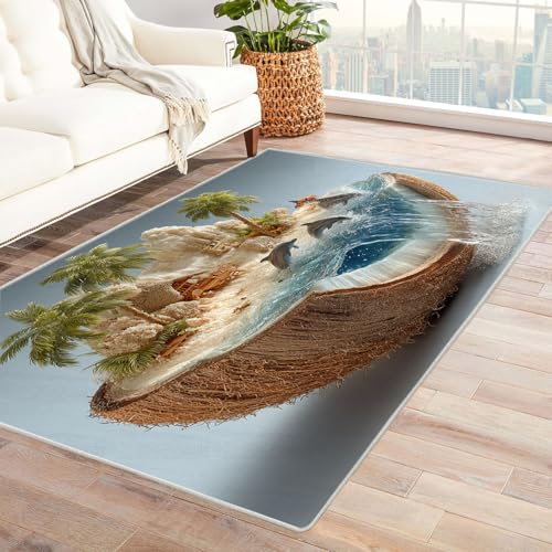WIKEO Strand Kurzflor Teppich waschbar Abstraktes Strand-Wandbild pflegeleicht und robust fürs Wohnzimmer, Schlafzimmer und Kinderzimmer Badematte angenehm weich(Blau-27)-150x210cm von WIKEO