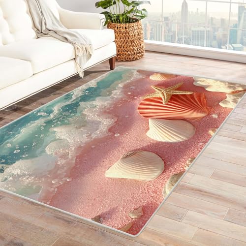 WIKEO Strand Kurzflor Teppich waschbar Blau Pink Strandmuscheln pflegeleicht und robust fürs Wohnzimmer, Schlafzimmer und Kinderzimmer Badematte angenehm weich(Rosa-72)-60x90cm von WIKEO