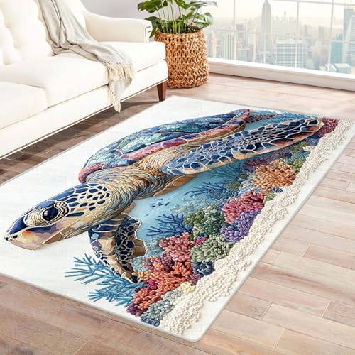 WIKEO Strand Kurzflor Teppich waschbar Bunter Meerestierteppich pflegeleicht und robust fürs Wohnzimmer, Schlafzimmer und Kinderzimmer Badematte angenehm weich(Blau 82)-180x240cm von WIKEO