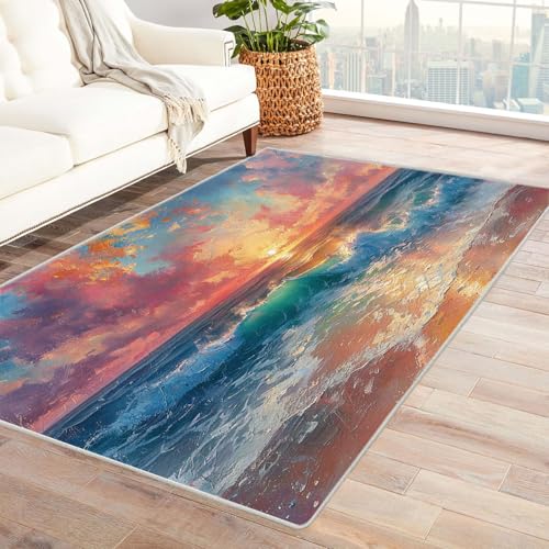 WIKEO Strand Kurzflor Teppich waschbar Buntes Strand-Sonnenuntergangsmuster pflegeleicht und robust fürs Wohnzimmer, Schlafzimmer und Kinderzimmer Badematte angenehm weich(lila)-240x300cm von WIKEO