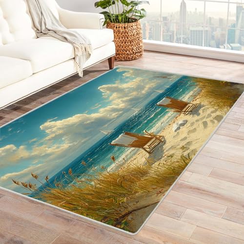WIKEO Strand Kurzflor Teppich waschbar Entspannender Strandstuhl-Teppich pflegeleicht und robust fürs Wohnzimmer, Schlafzimmer und Kinderzimmer Badematte angenehm weich(blau)-180x270cm von WIKEO