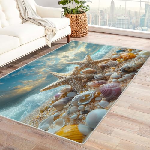 WIKEO Strand Kurzflor Teppich waschbar Farbige Muscheln, Steine pflegeleicht und robust fürs Wohnzimmer, Schlafzimmer und Kinderzimmer Badematte angenehm weich(Aprikose)-210x270cm von WIKEO