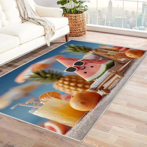 WIKEO Strand Kurzflor Teppich waschbar Fun Beach Fruits Muster pflegeleicht und robust fürs Wohnzimmer, Schlafzimmer und Kinderzimmer Badematte angenehm weich(Rot - 90)-240x300cm von WIKEO