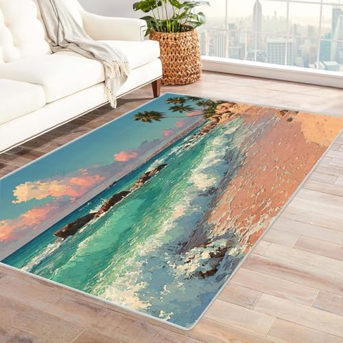 WIKEO Strand Kurzflor Teppich waschbar Graffiti Strand Baum Szenerie pflegeleicht und robust fürs Wohnzimmer, Schlafzimmer und Kinderzimmer Badematte angenehm weich(Blau-81)-180x270cm von WIKEO