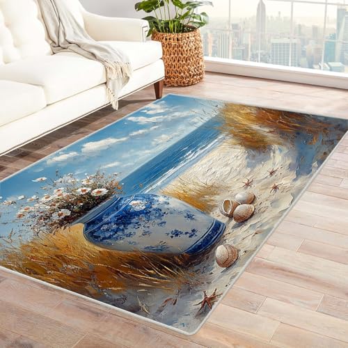 WIKEO Strand Kurzflor Teppich waschbar Graffiti Strandblumen pflegeleicht und robust fürs Wohnzimmer, Schlafzimmer und Kinderzimmer Badematte angenehm weich(blau)-210x270cm von WIKEO