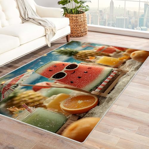 WIKEO Strand Kurzflor Teppich waschbar Lustiges süßes Strandfruchtmuster pflegeleicht und robust fürs Wohnzimmer, Schlafzimmer und Kinderzimmer Badematte angenehm weich(Rot-63)-180x270cm von WIKEO